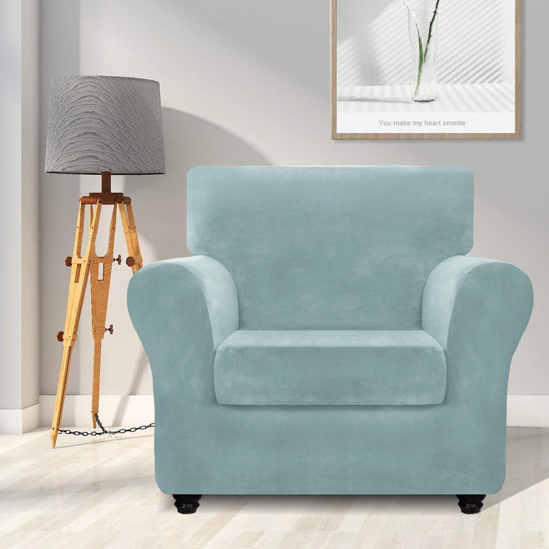 ZNSAYOTX Luxury Velvet Chair Slipcovers with Arms 2 Piece Stretch Chair Covers for Living Room Thick Soft Armchair Slipcover Anti Slip Pet Friendly Furniture Protector (Stone Blue),30"-47"(1 Cushion) - Image 2